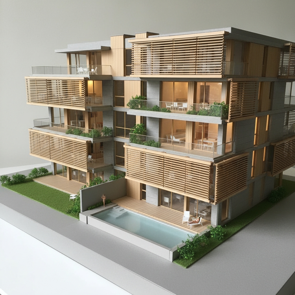 Maqueta arquitectónica en escala 1:100 de edificio residencial con detalles de fachada
