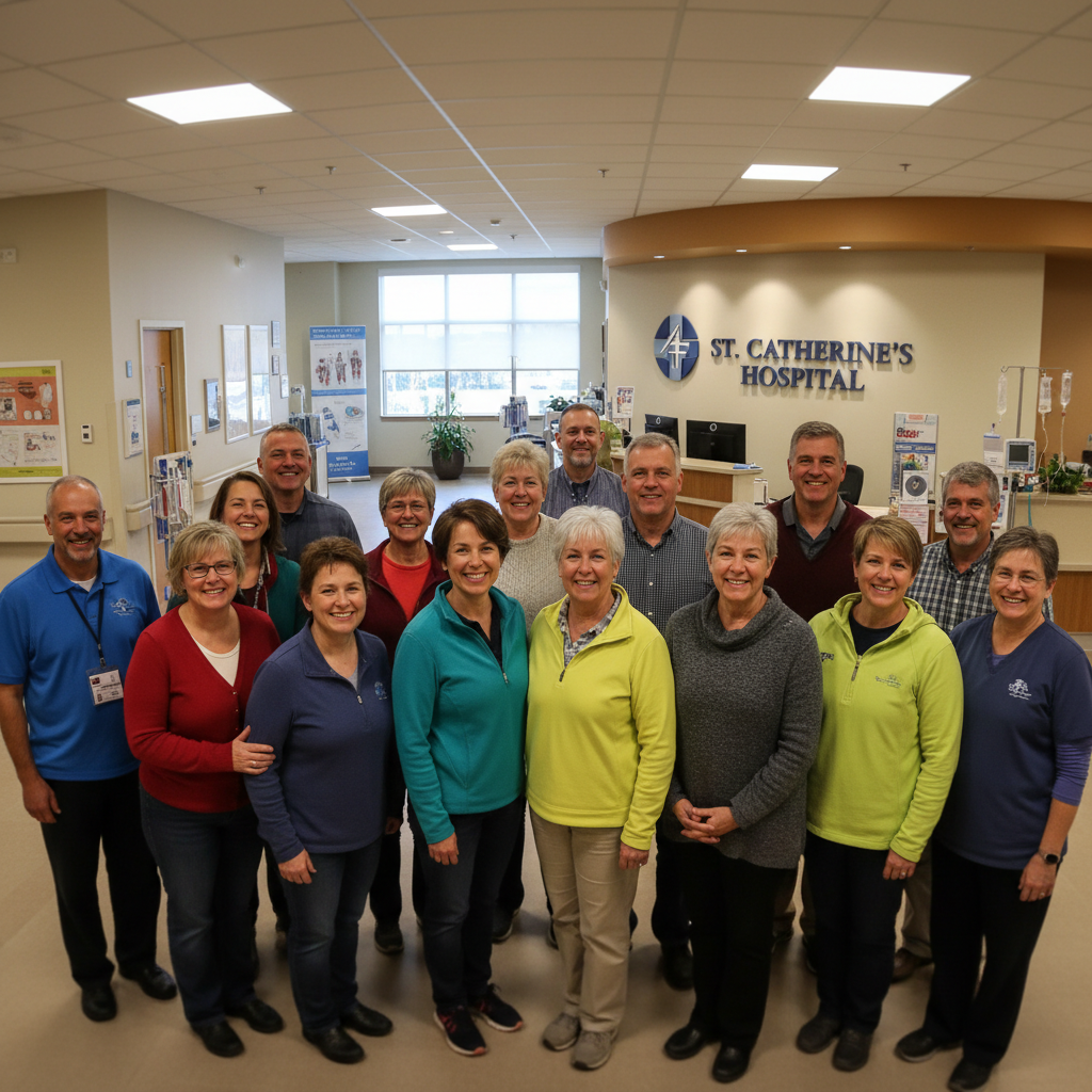 Healthcare team gathered for a community event at Kings County Memorial Hospital, smiling in bright uniforms