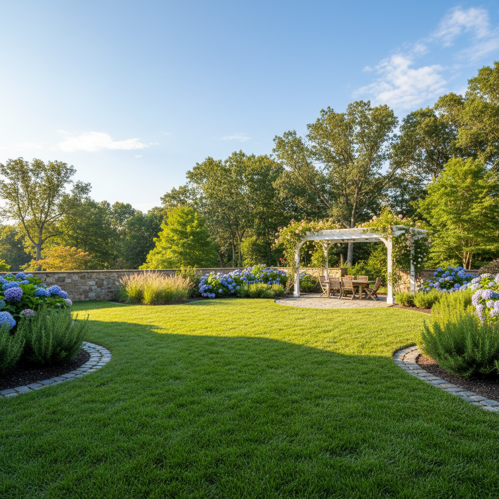 Same backyard transformed with lush green lawn and clean garden bed edges