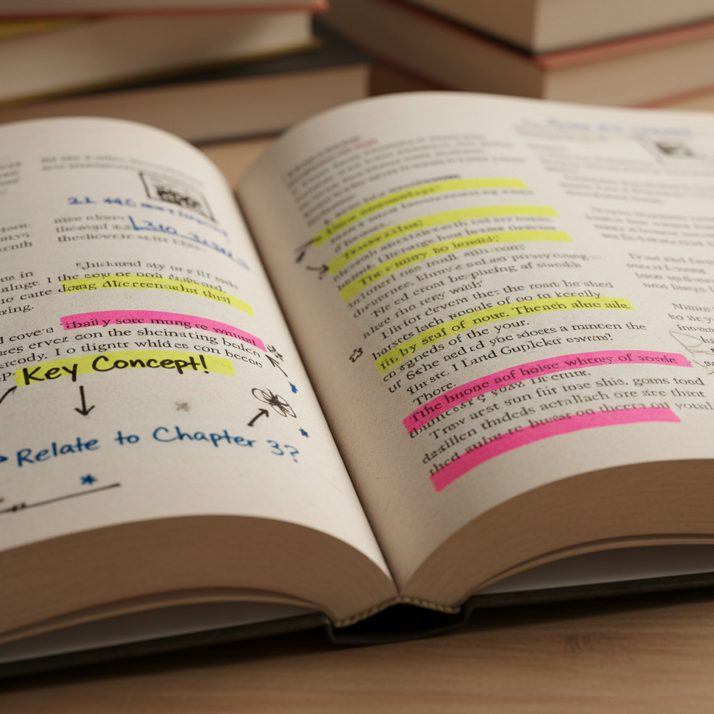 Close up of highlighted book pages with yellow and pink highlights and handwritten margin notes