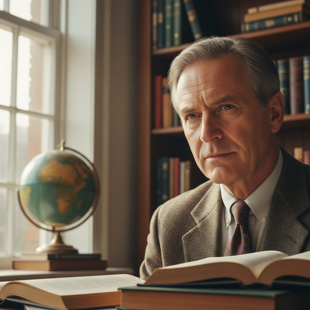 Distinguished middle-aged man in elegant dark suit seated in library surrounded by ancient leather-bound manuscripts