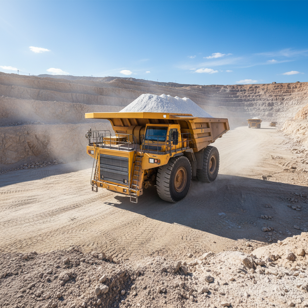 Large yellow haul truck loaded with white silica sand material in open pit mine