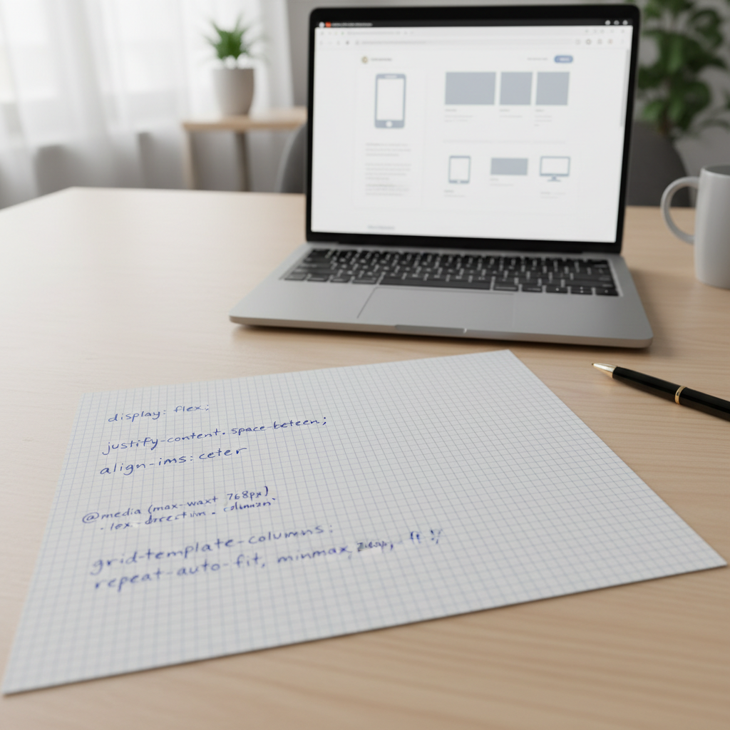 Grid-lined graph paper with CSS property annotations written in blue pen, next to a laptop showing a responsive layout