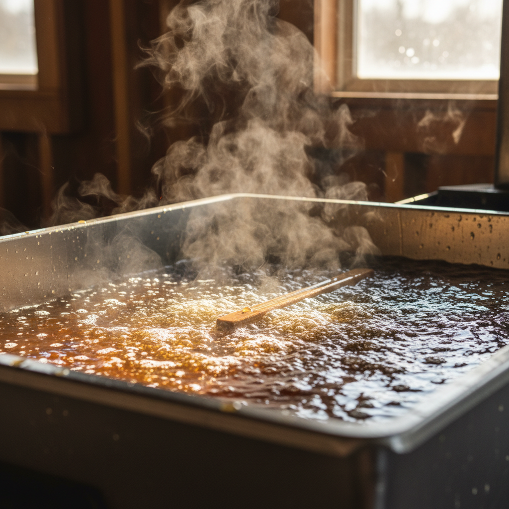 Close-up of boiling maple sap in an evaporator pan, steam rising, amber color visible in the liquid