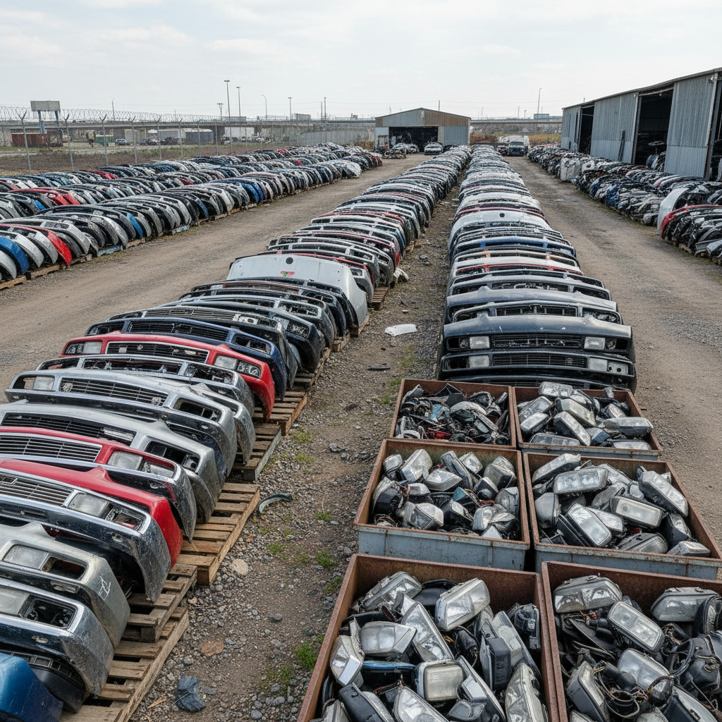 Rows of salvaged car parts including bumpers, hoods, and headlight assemblies stacked in a warehouse yard