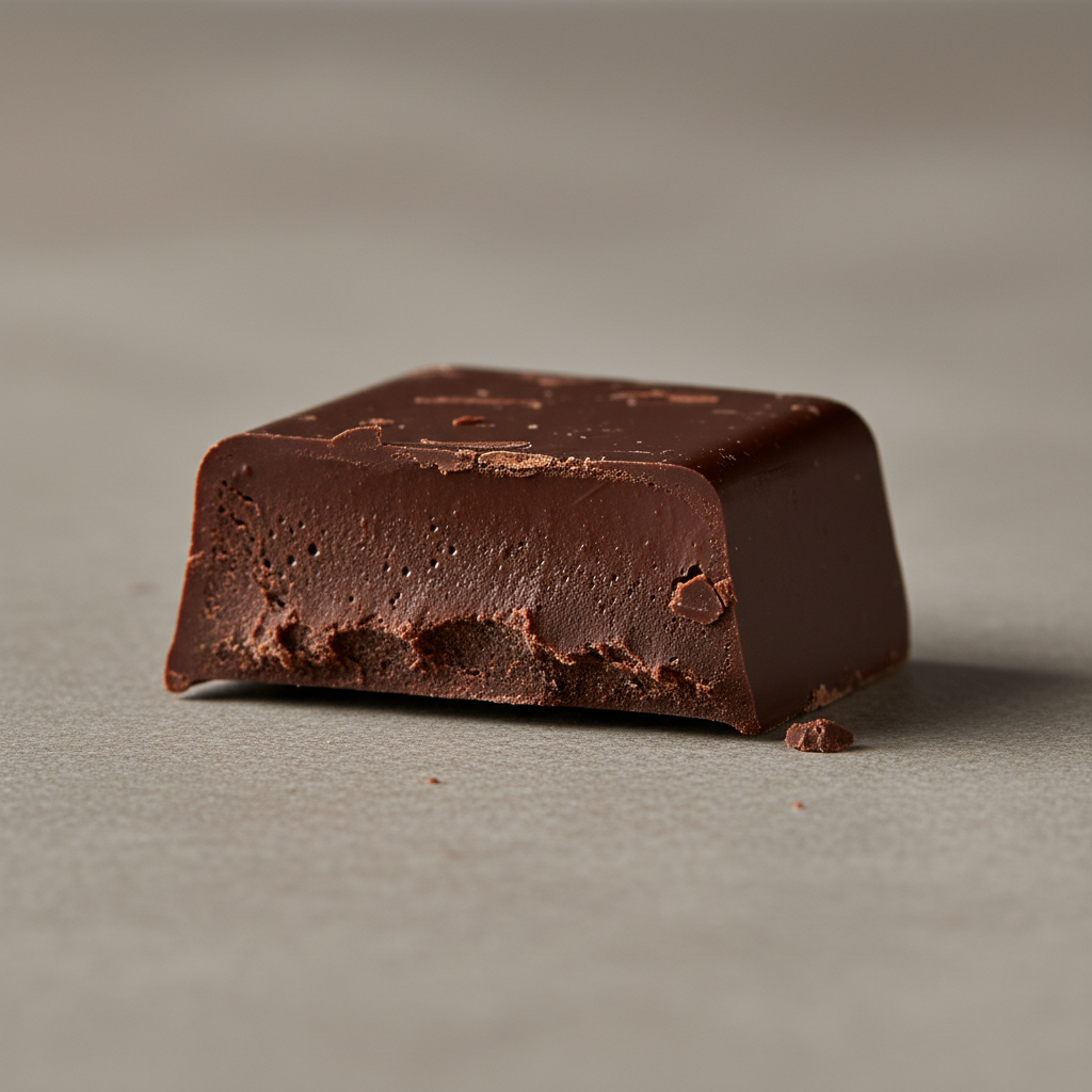 Dark chocolate bar broken to reveal smooth interior, moody dark background