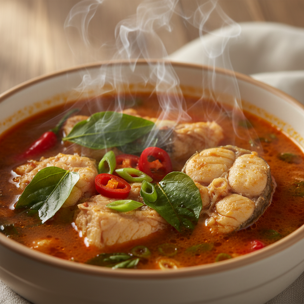 Steaming Nigerian pepper soup with catfish in a dark bowl, fiery red broth, aromatic spices