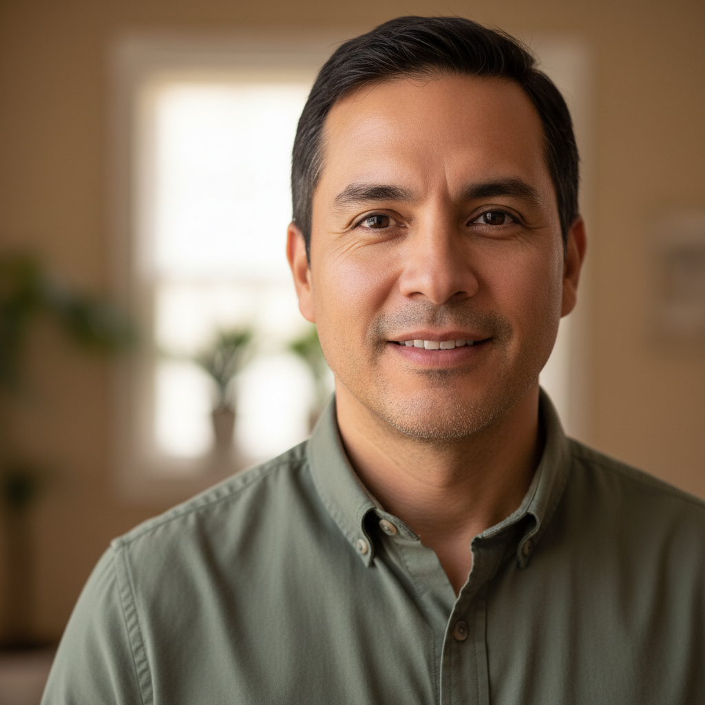 Tomás Reyes, a Latino man in his mid-40s, wearing a collared shirt, direct gaze