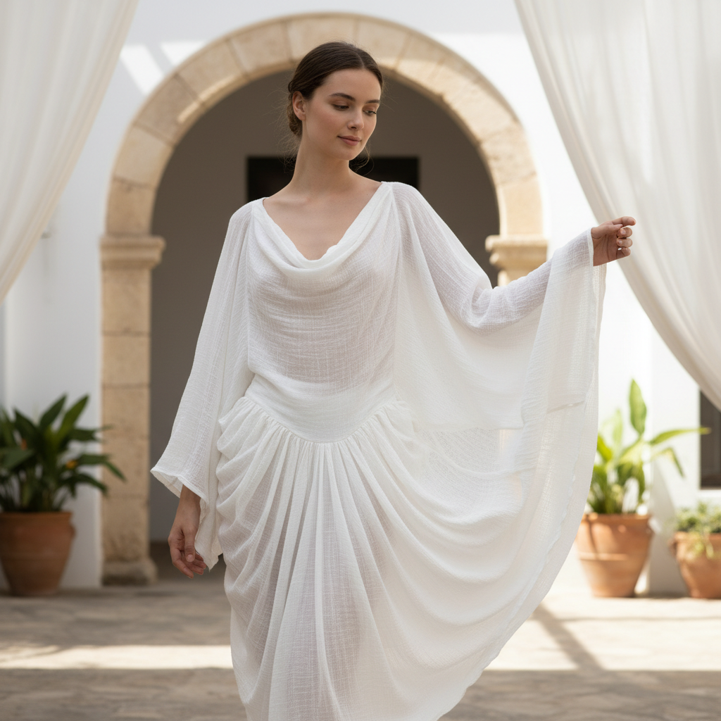 Woman in a flowing blush anarkali dress standing in a sunlit courtyard, soft bokeh background