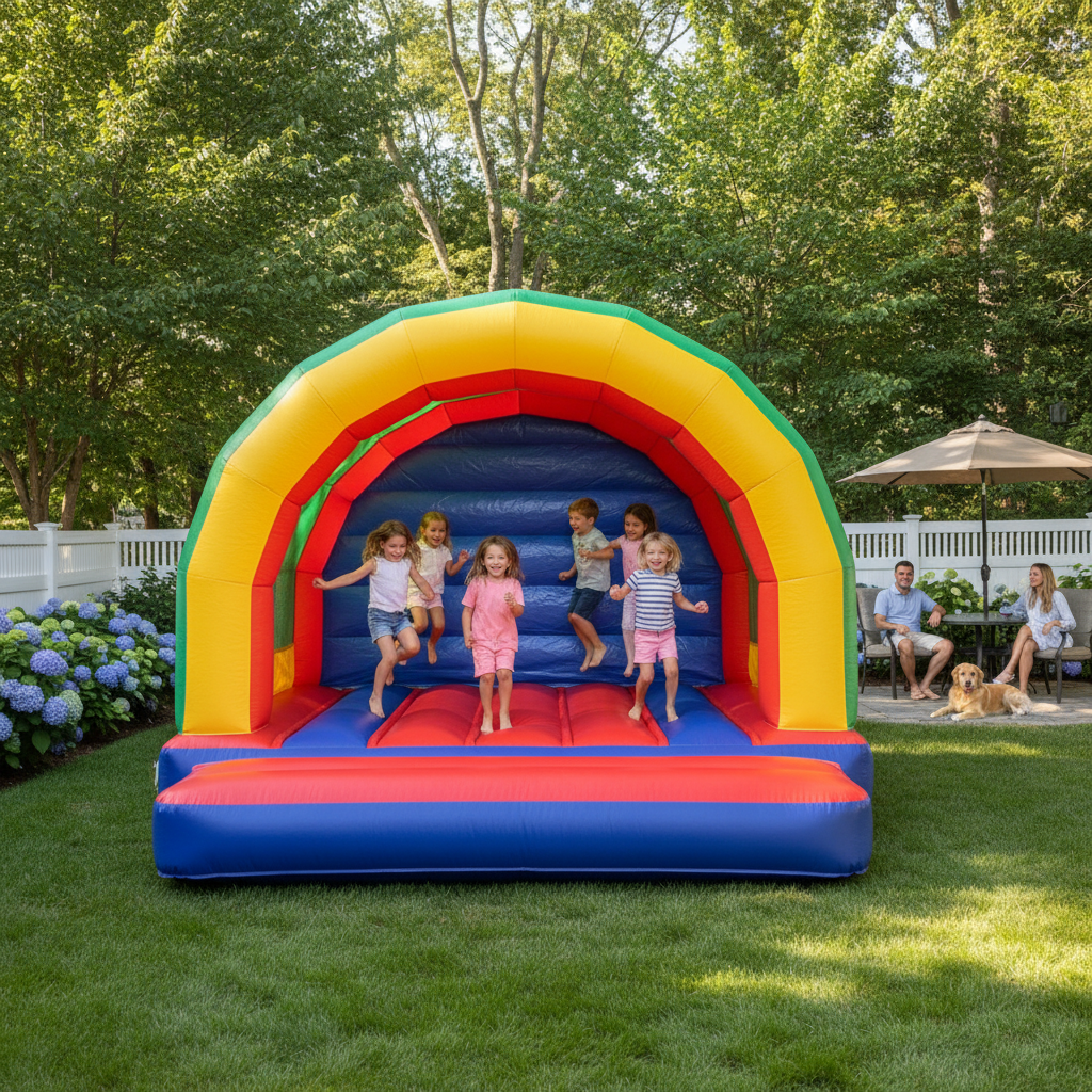 Rainbow bounce castle set up in a suburban backyard with kids playing and parents watching