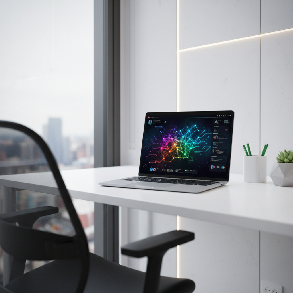 Bright modern workspace with AI interface displayed on laptop screen, open and airy environment