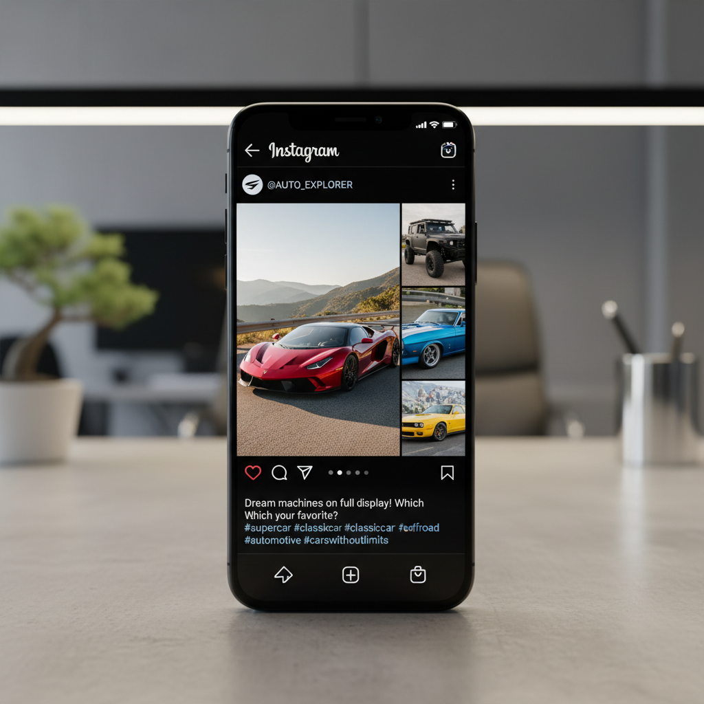 Social media content creation — phone displaying automotive Instagram carousel