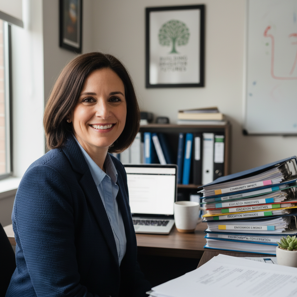 Woman in blazer smiling warmly at a nonprofit office desk with grant binders behind her
