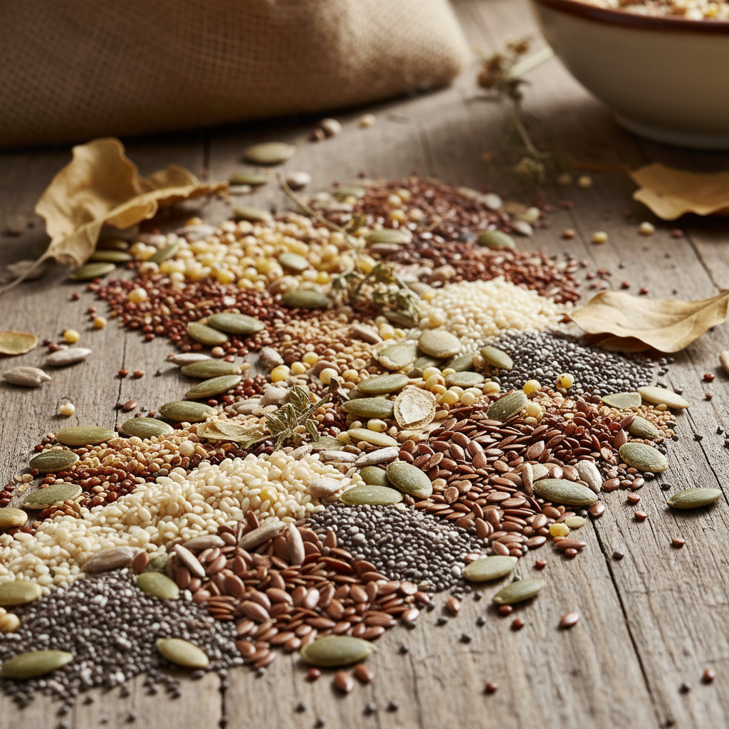 Brown linseed flaxseeds scattered on wooden surface, healthy omega-3 rich seeds
