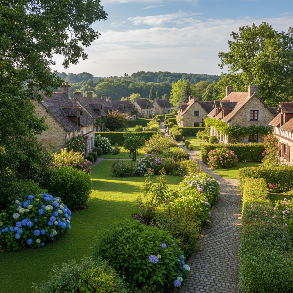 Quartier résidentiel verdoyant de Guitry avec maisons et jardins