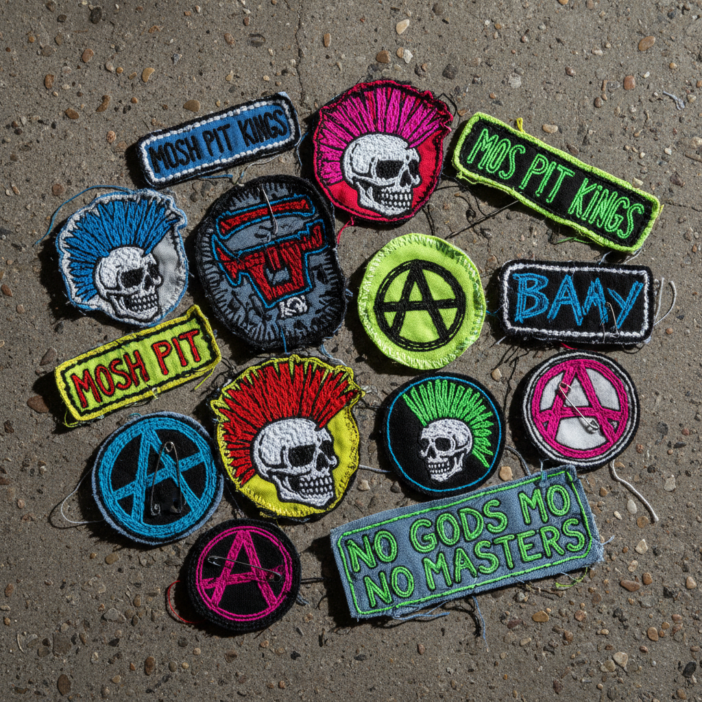 Collection of hand-made punk patches laid out on concrete