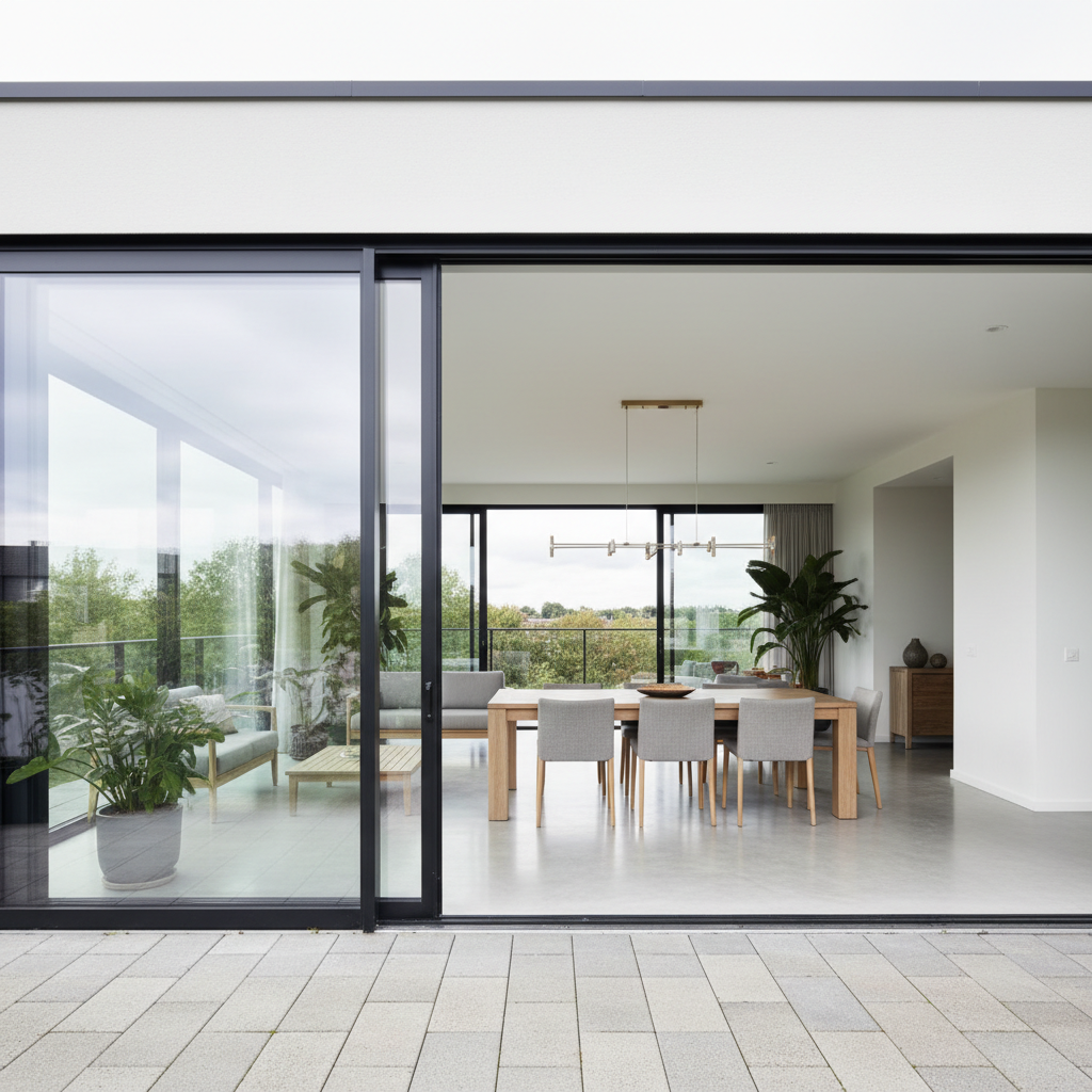 Two-panel sliding glass wall fully open in a modern dining room, panels stacked at one side, seamless connection to outdoor terrace
