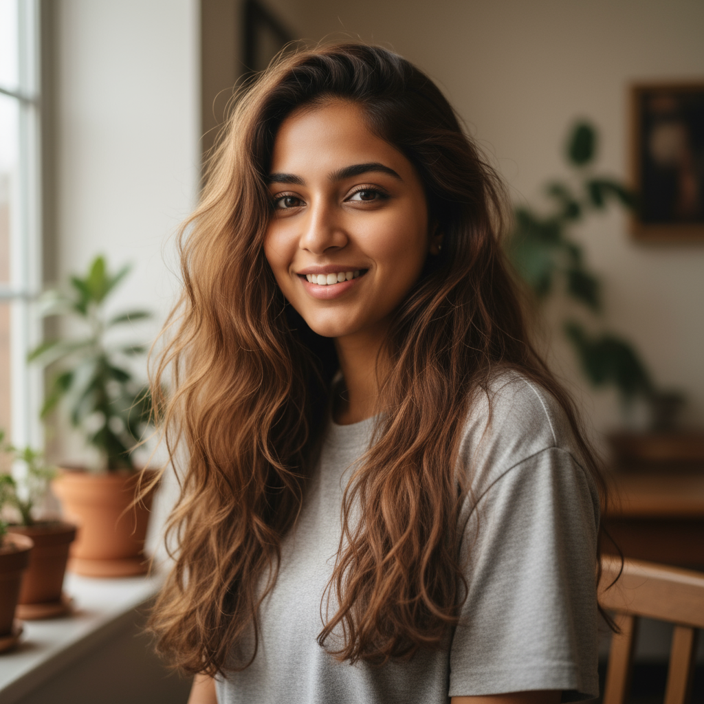 Portrait of Priya Nair, young South Asian woman with warm smile