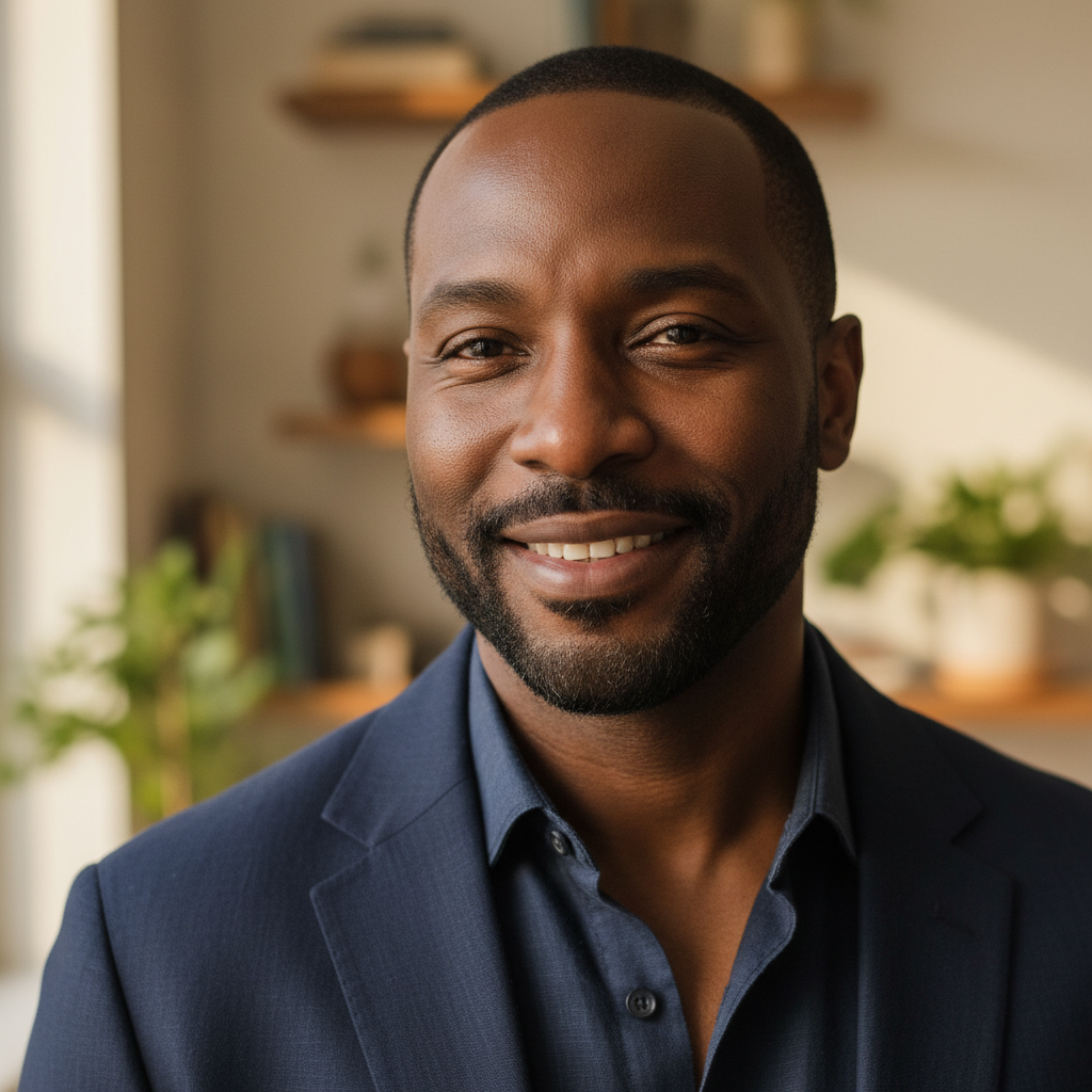 Marcus Webb, a Black man in his early 40s in a light blue shirt, smiling with quiet confidence