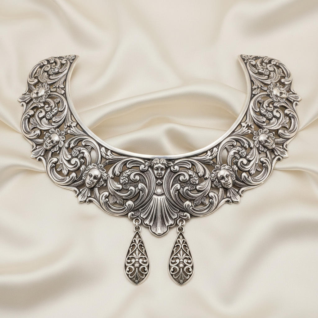 Statement 22k gold collar necklace with colorful enamel detail on cream fabric background
