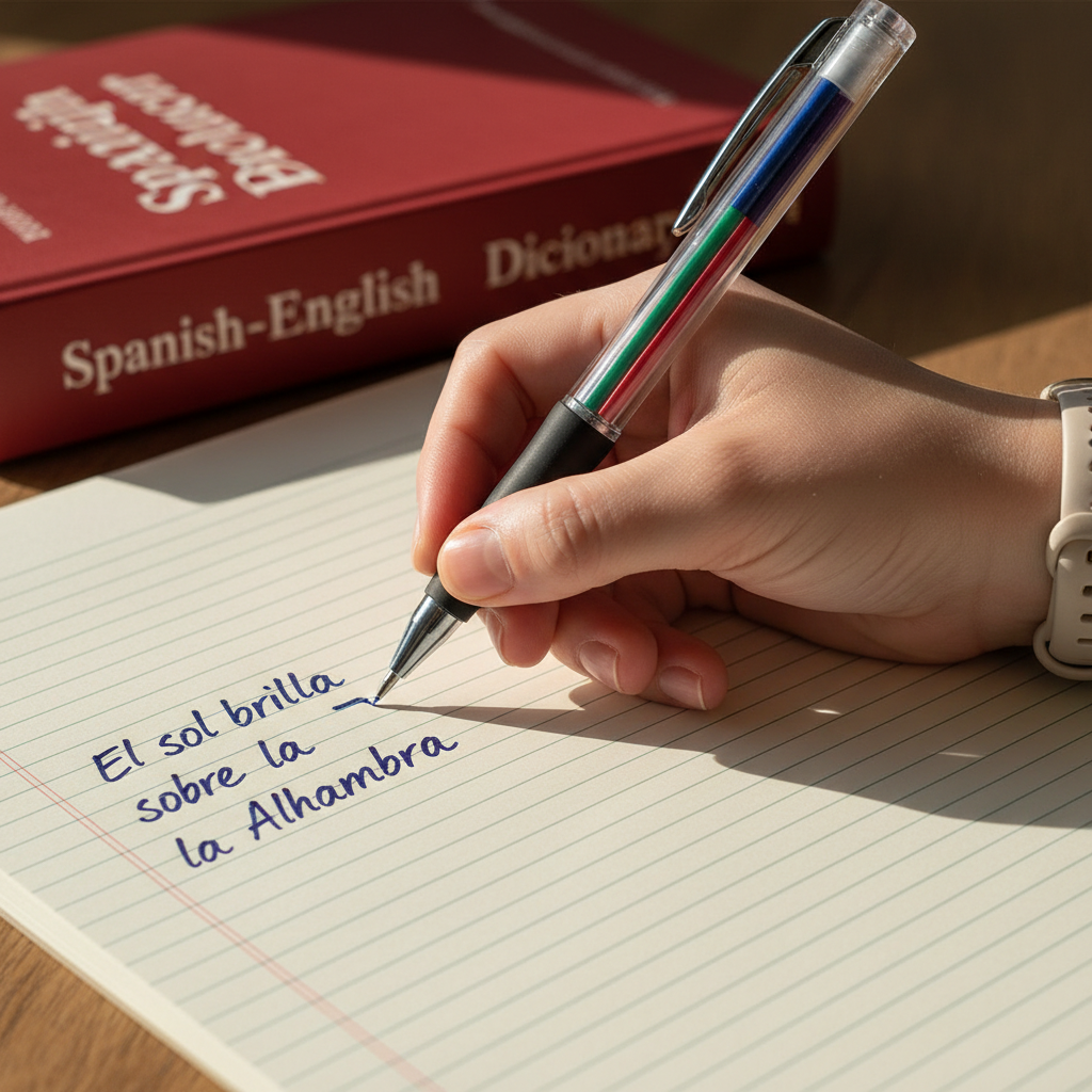 Open notebook with Spanish vocabulary words written in colorful markers on a bright desk