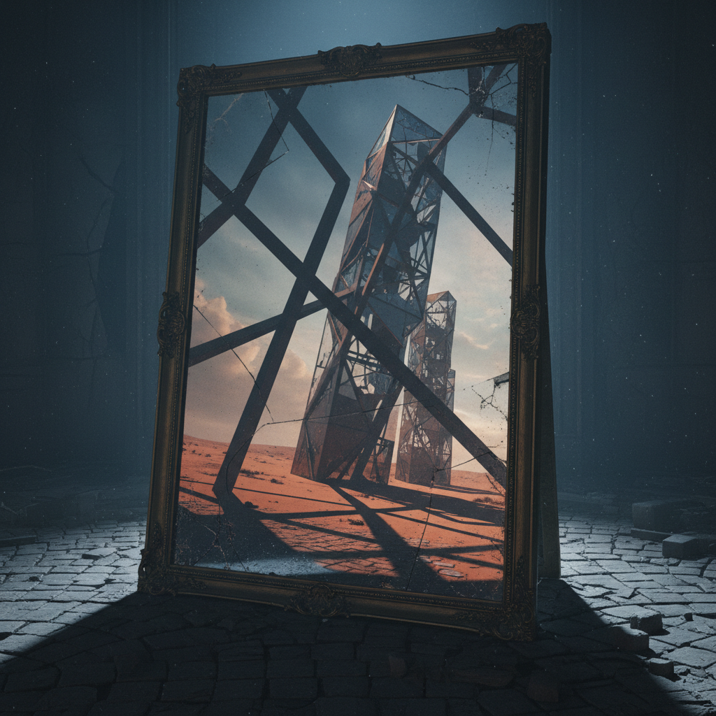 Mirror reflecting an unexpected angle, geometric shadows, mysterious atmosphere