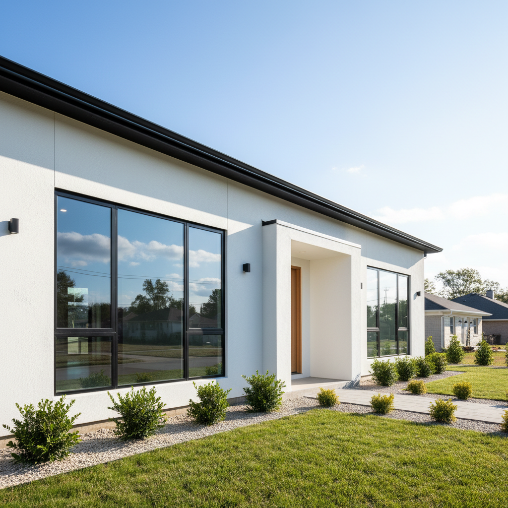 Renovated house exterior with fresh Hardie siding and stone accents in bright daylight