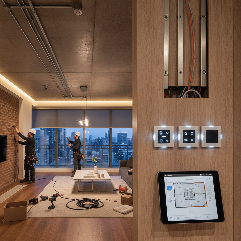 Professional technician installing smart home system with purple violet ambient LED lighting in modern apartment, dark atmospheric