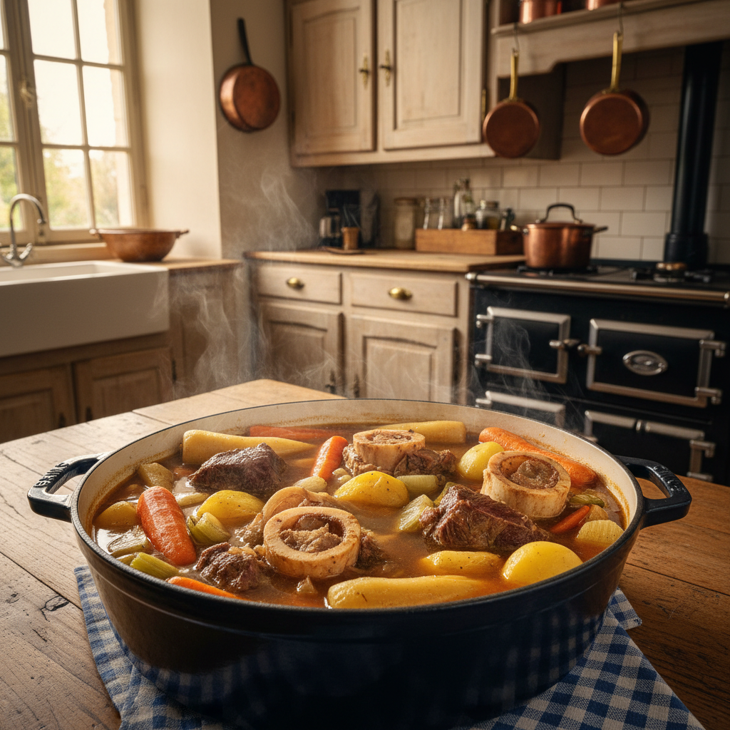 Pot au feu with vegetables and bone marrow, bright traditional French kitchen