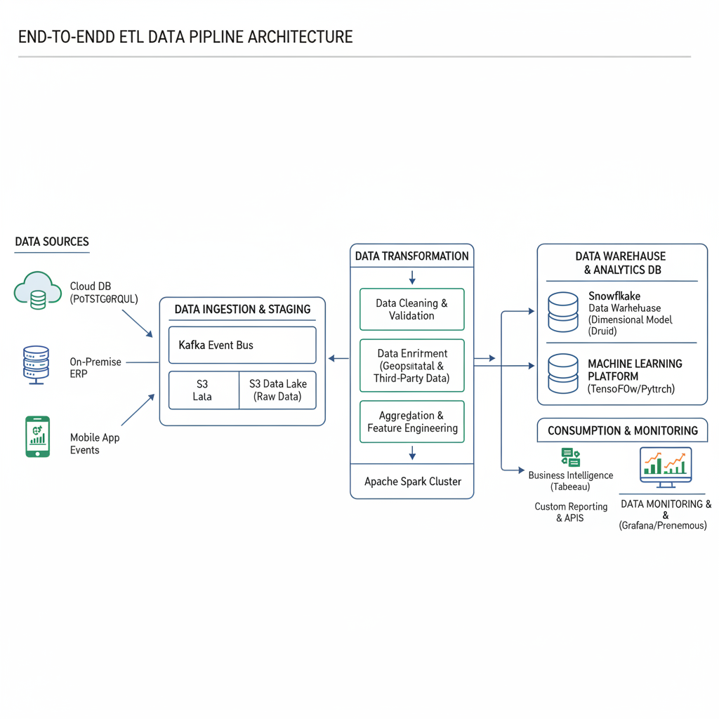 Data pipeline architecture diagram on bright screen with ETL workflow visualization