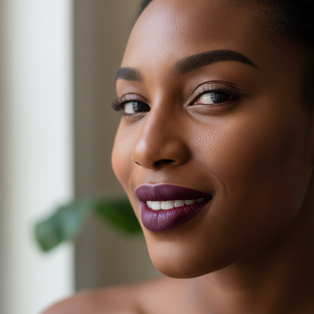 Bold plum lip look on dark skin tone