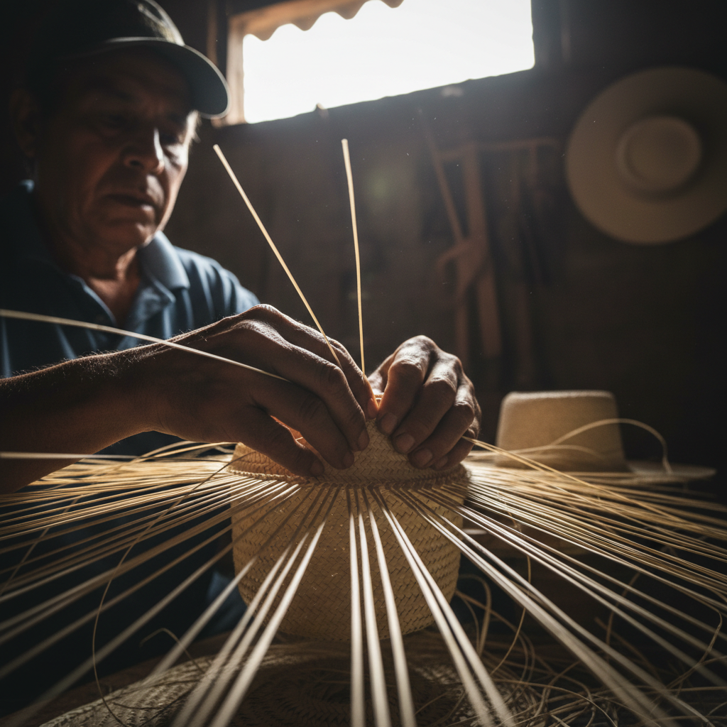 Artesano de Montecristi tejiendo sombrero de paja toquilla, manos expertas, fibras naturales, taller oscuro con luz tenue