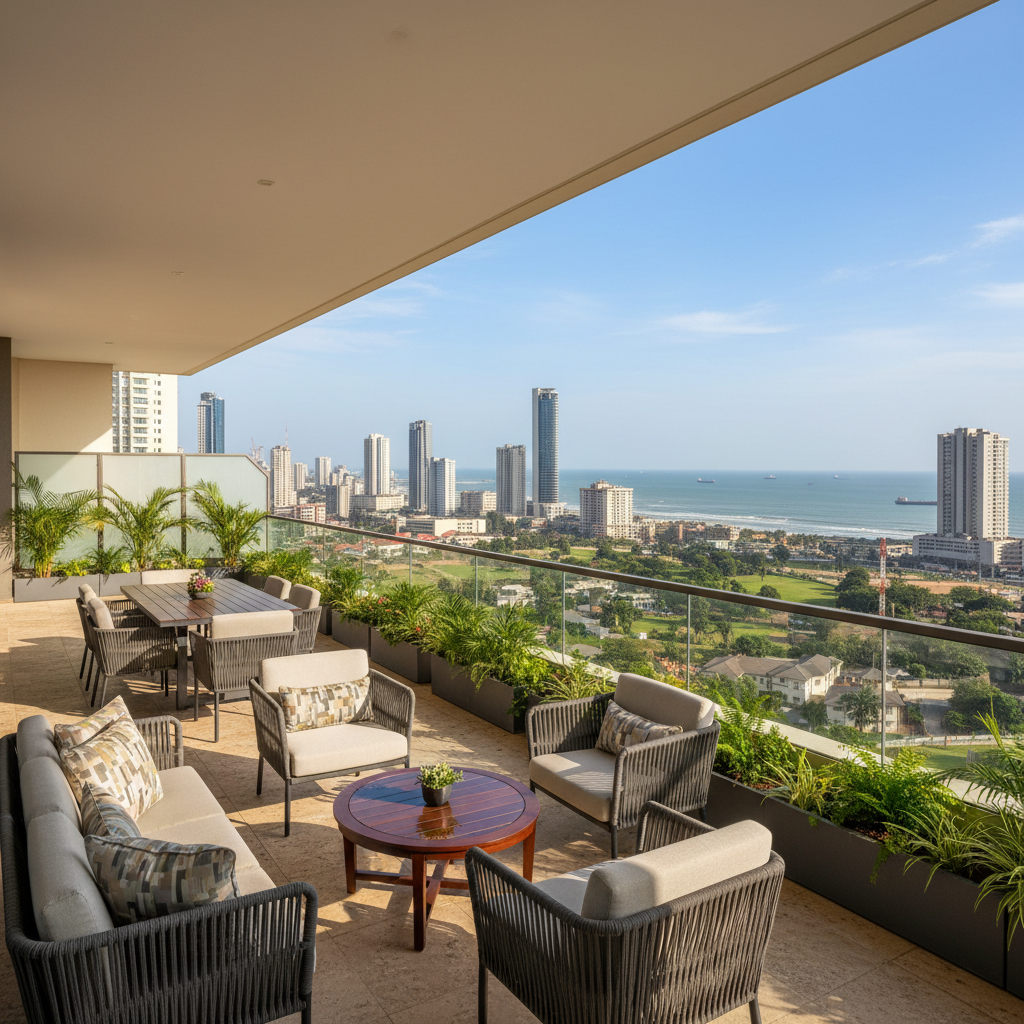 Spacious balcony with city view and seating area