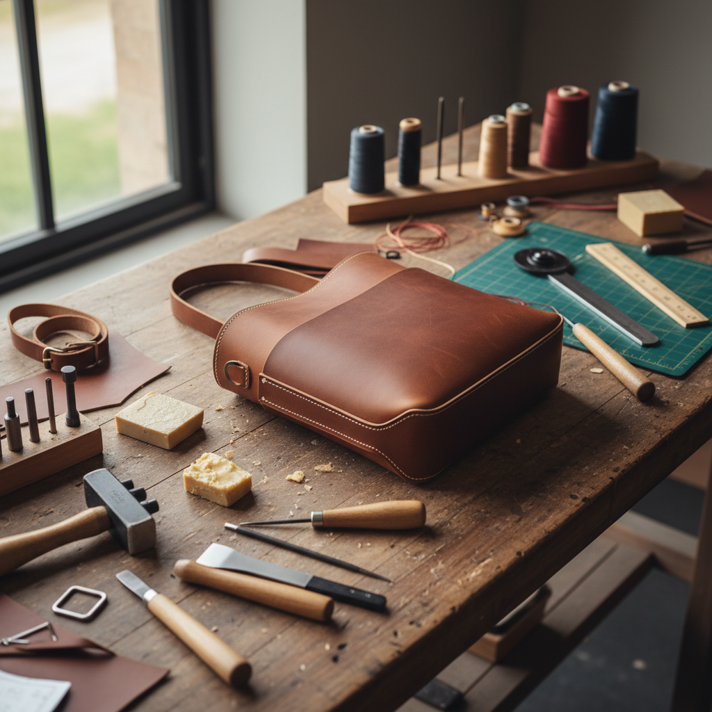 Leather handbag in progress on a craftsperson's workbench next to a laptop showing an Etsy shop
