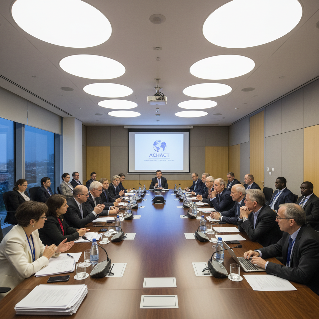 International conference hall with diverse participants, formal UN-style meeting room, well-lit professional setting