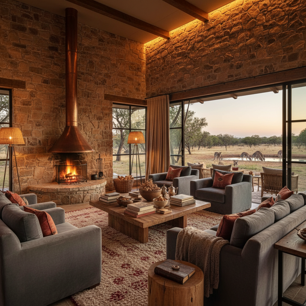 Luxury safari lodge at dusk in Uganda, warm candlelit interior, African bush setting