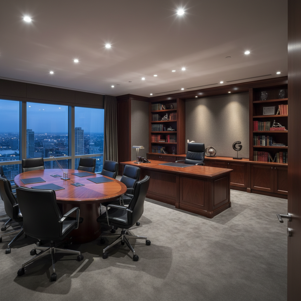 Executive office suite interior with dark wood paneling and soft overhead lighting