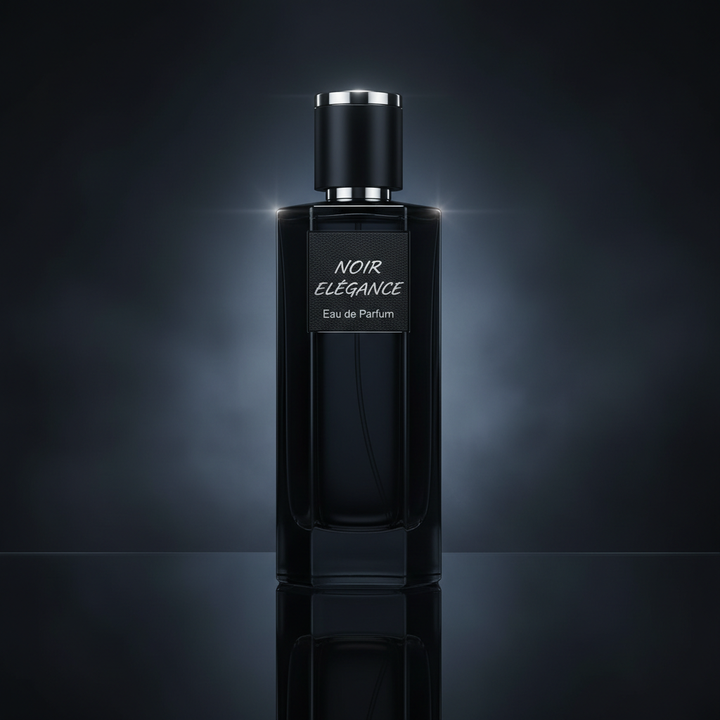 Sleek black perfume bottle with citrus fruits and peppercorns beside it