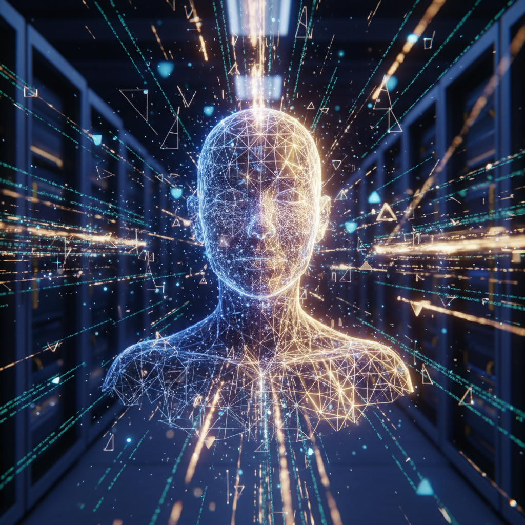 Digital twin visualization on screen showing 3D building model with real-time data streams and IoT sensor overlays, dark tech environment with blue glow