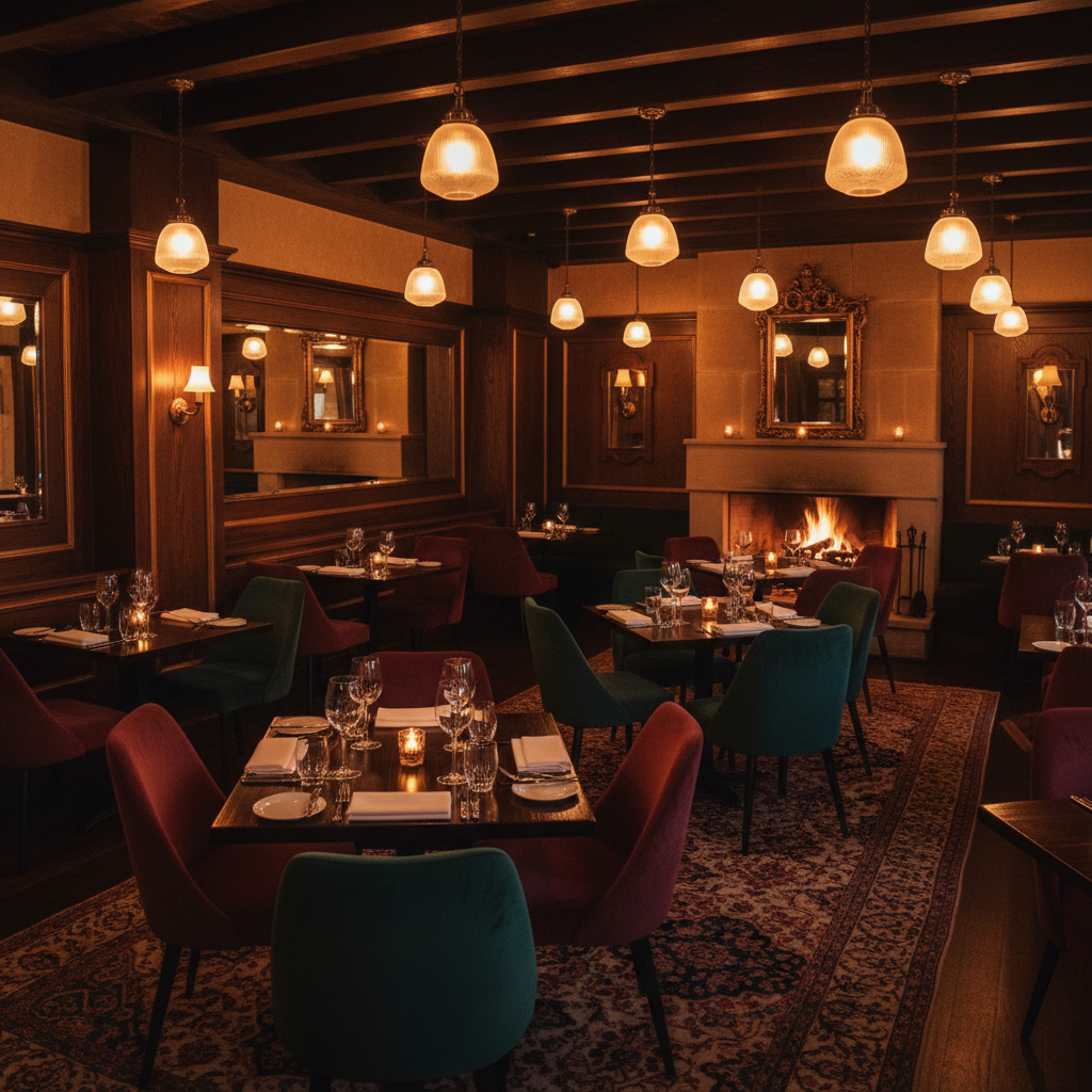 Upscale dark restaurant interior with warm amber pendant lights over wooden tables, intimate atmosphere, candlelit