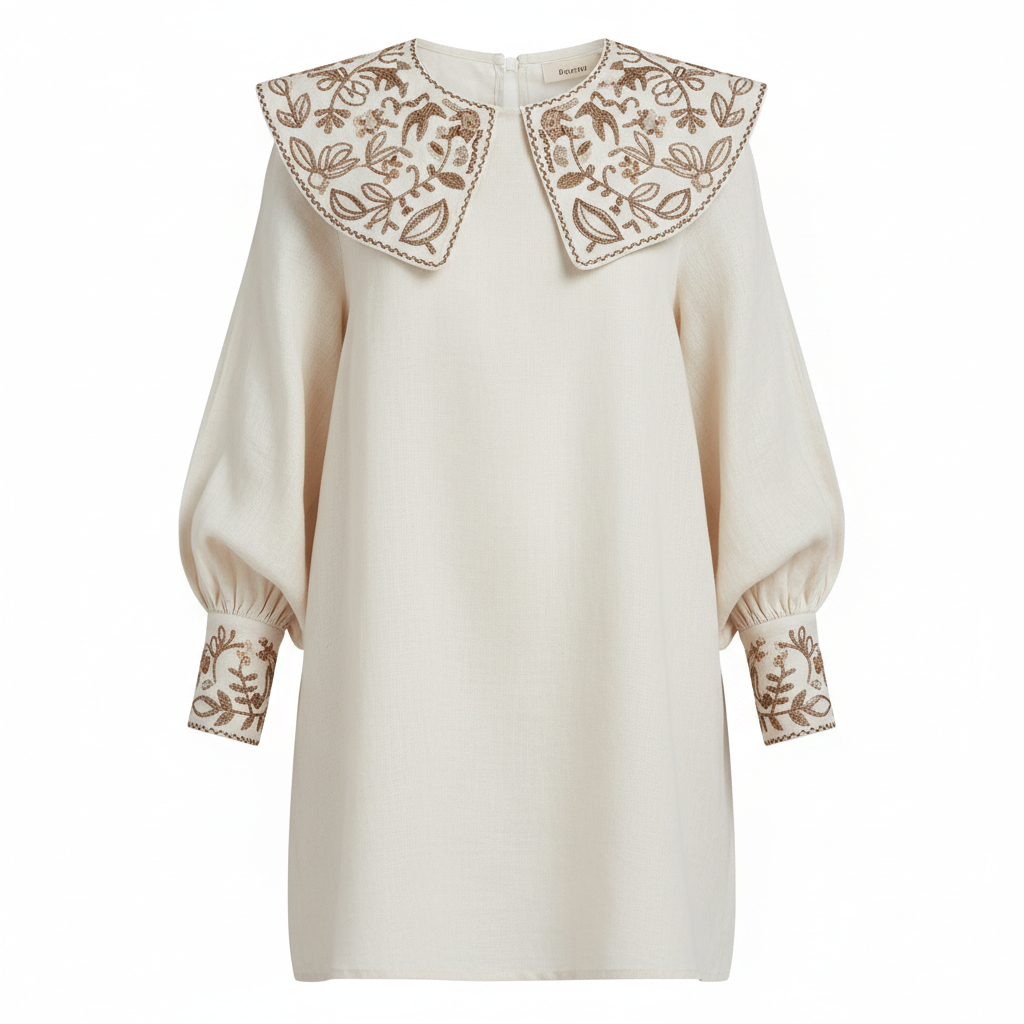Ivory linen smock dress with hand-embroidered collar and bishop sleeves