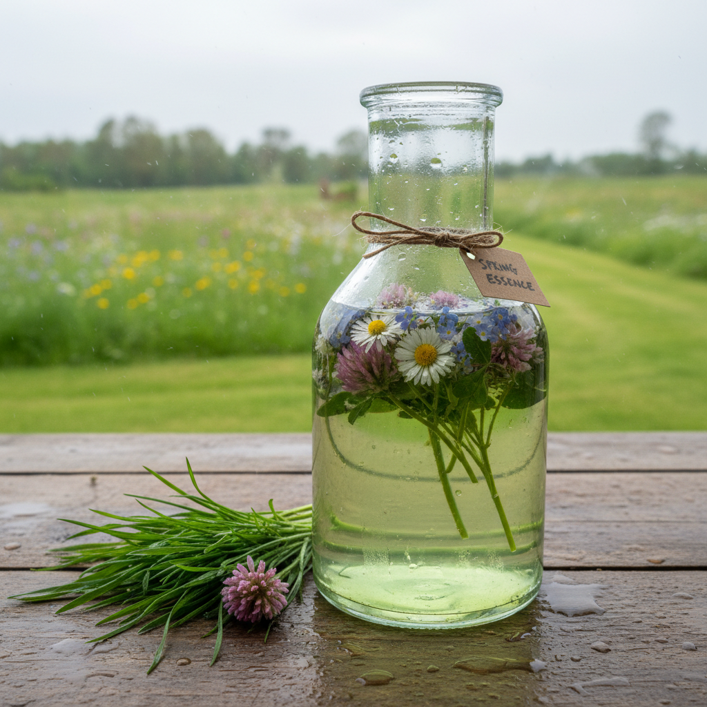 Light green floral tincture bottle with spring flowers on wooden table
