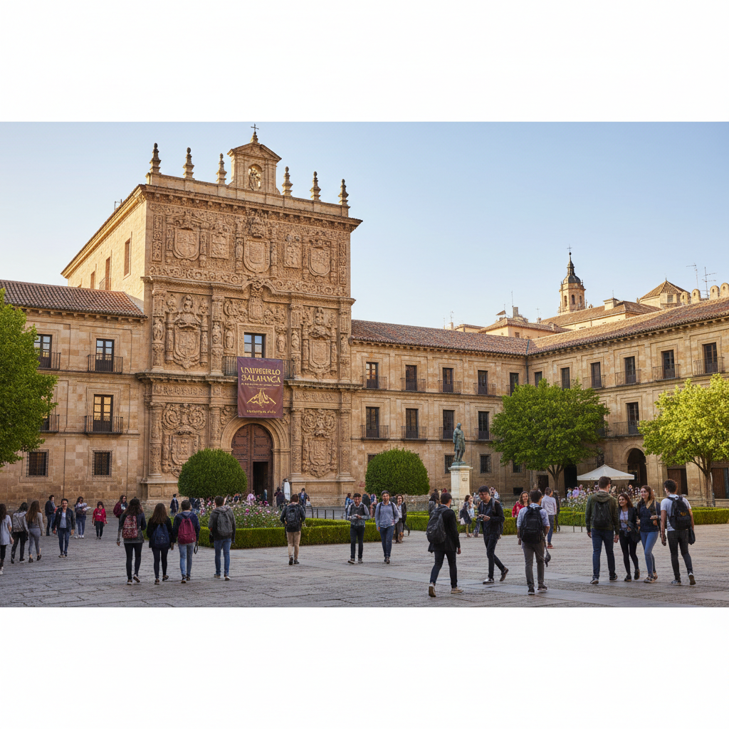 University campus courtyard with students sitting on benches in bright afternoon sun, warm natural lighting, historic stone architecture