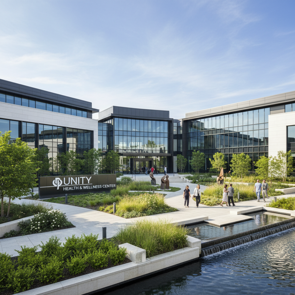 Modern African healthcare facility exterior with solar panels on roof and patients entering main entrance