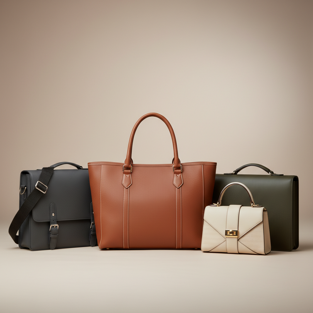 Bolsas femininas elegantes em couro e tecido, diferentes modelos e cores sobre fundo bege claro