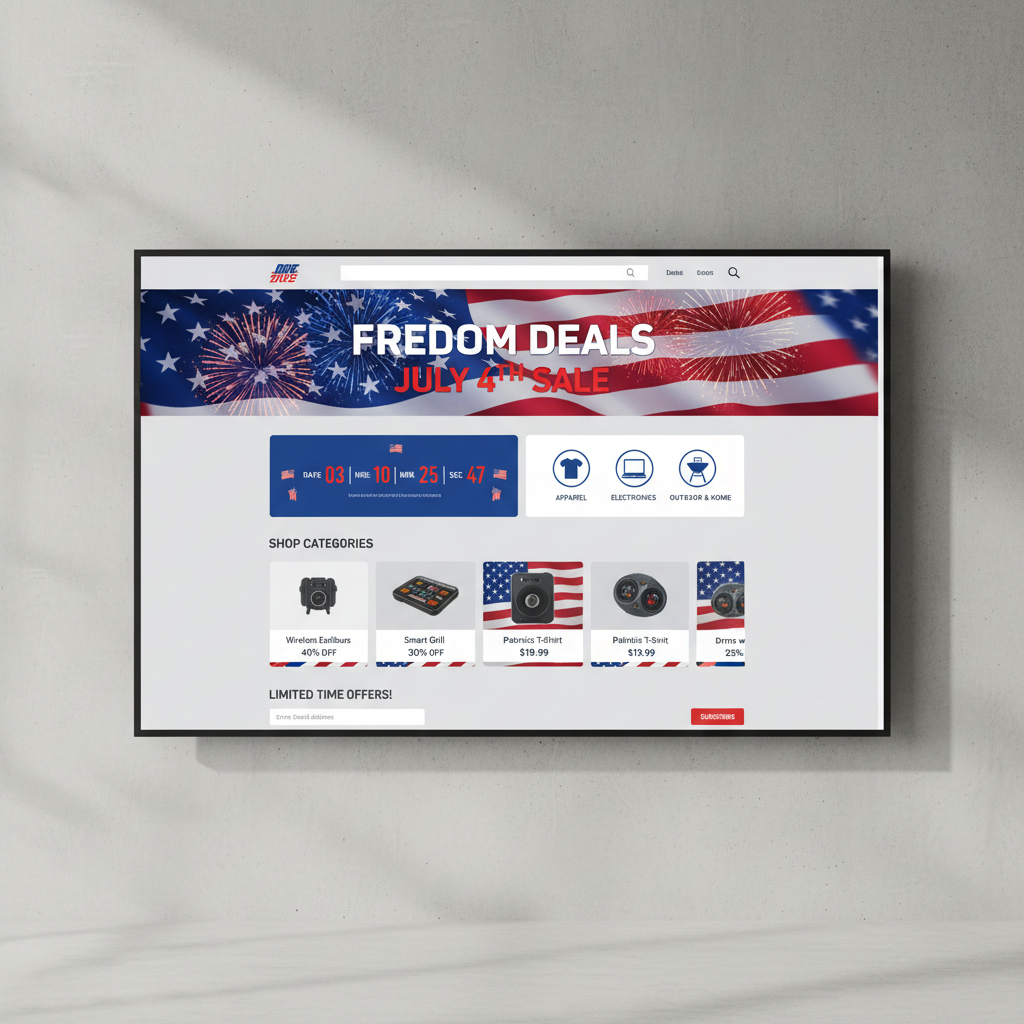 Web design mockup showing modular July 4th sale landing page sections including hero banner countdown timer and product showcase blocks