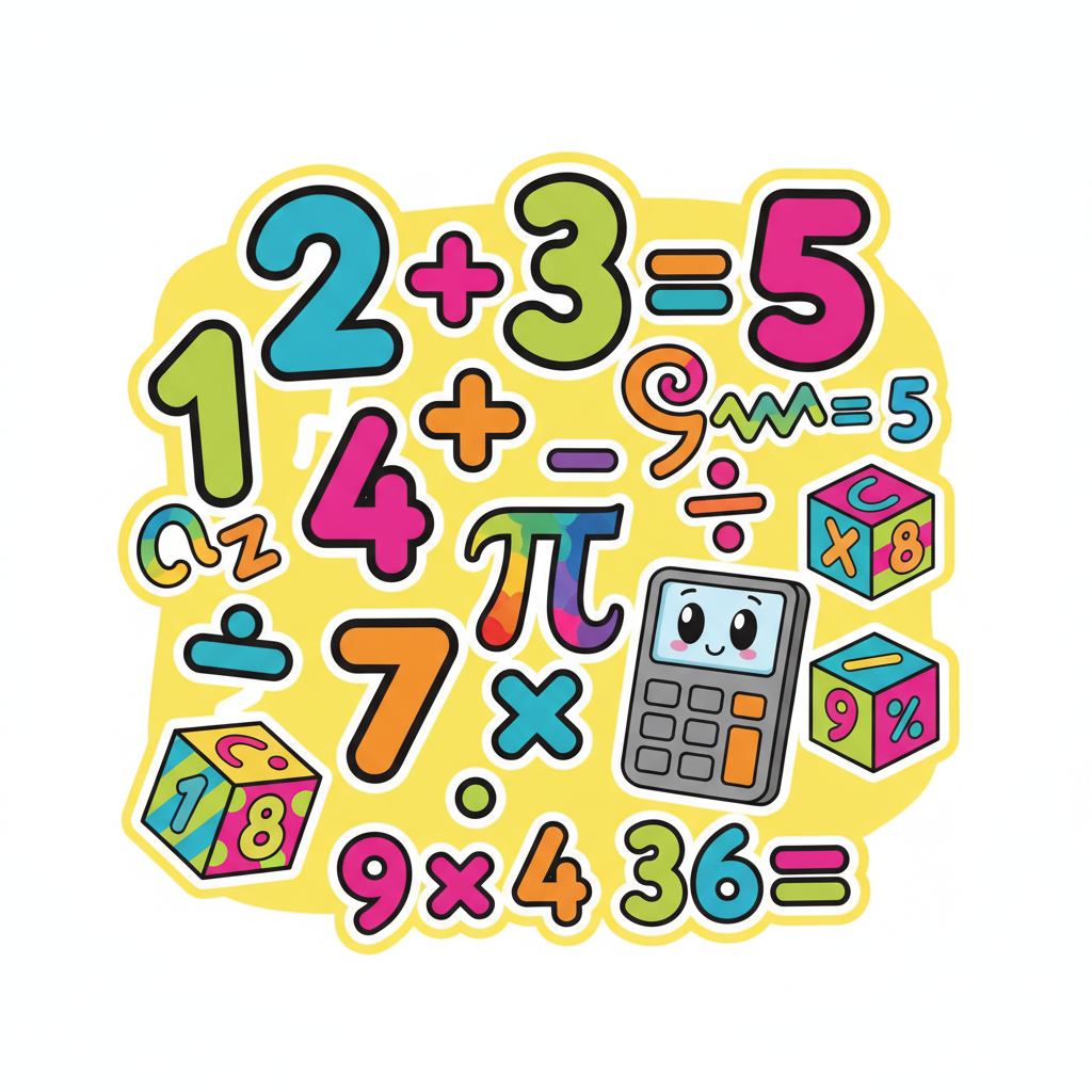 Colorful math blocks and numbers on a bright yellow background, cheerful learning environment