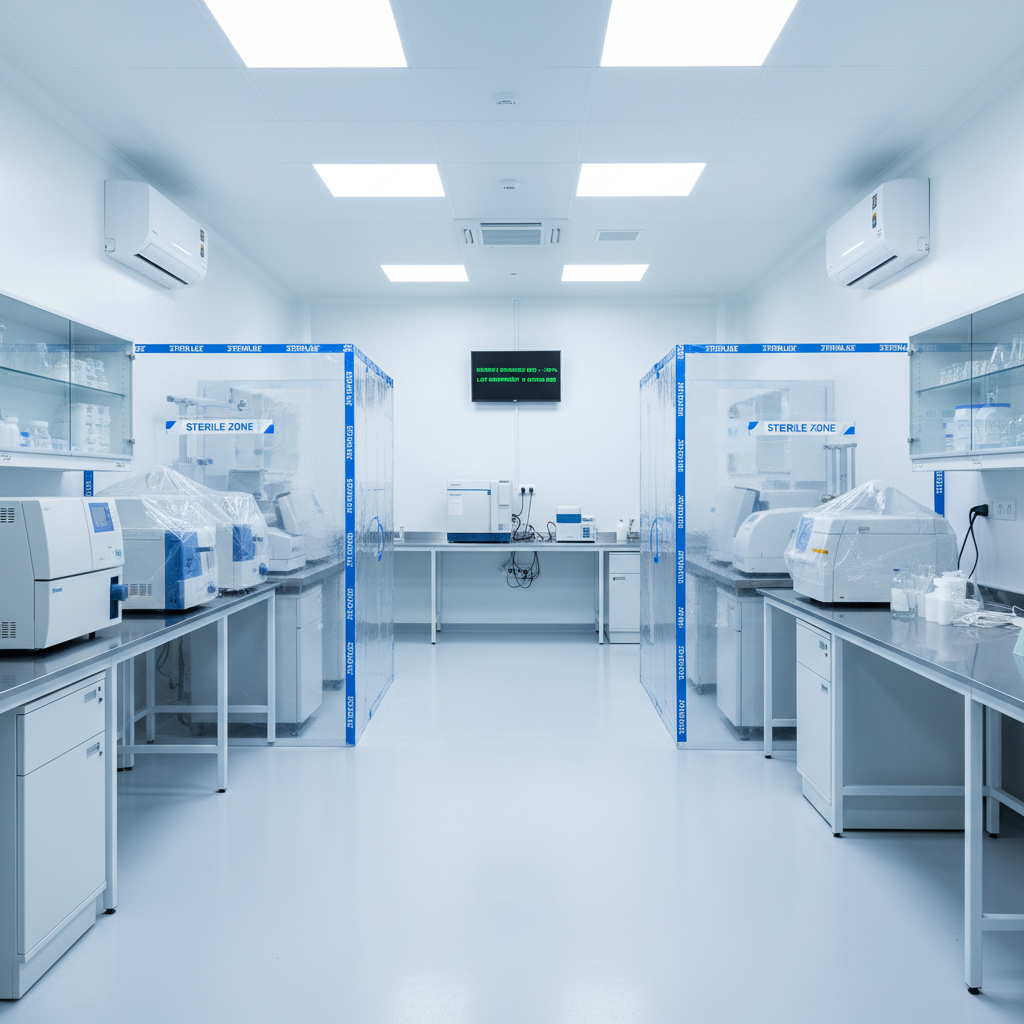 Modern pharmaceutical quality control laboratory with sterile dark surfaces, precision analytical equipment, and blue LED ambient lighting