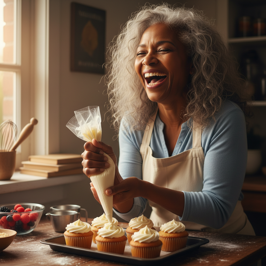 Claudette Moreau, older Black woman with natural silver hair laughing while piping frosting onto pastries