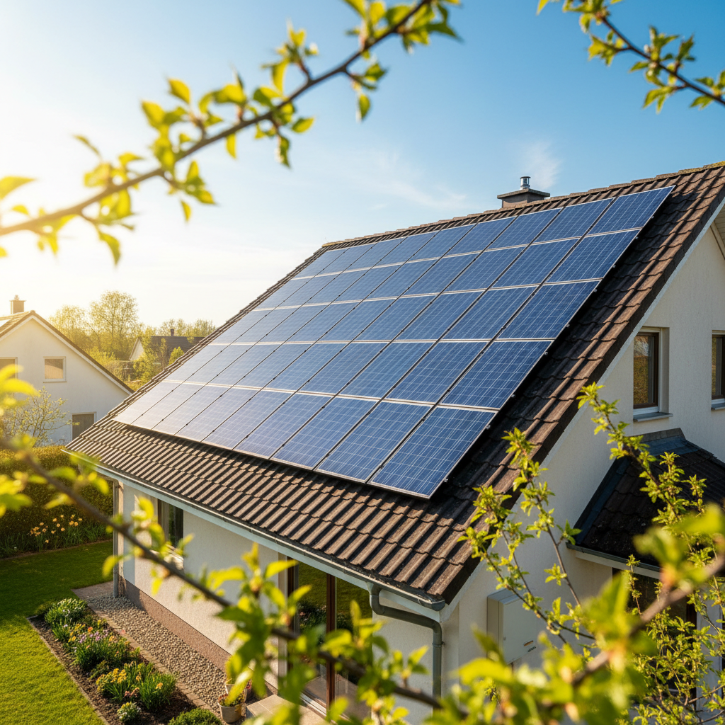Solar panels on a residential roof photographed on a bright spring morning with fresh green leaves in the foreground